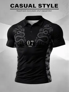 Men's Casual Short Sleeve Polo Shirt, Classic Mexico Icon Design, Breathable Elastic Fabric, Perfect for Daily Wear and Outdoor Activities