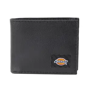 Dickies Men's Leather Slimfold Classic Capacity Wallet Black Genuine Pebble Leather 4 Card Slots 2 Slip Pockets 1 ID Window