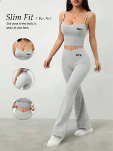 Women's 2-Piece Set, Alro Logo Short Top + High-Waisted Tight Pants, Slim Fit, Sporty Style, Gym & Streetwear, Luxury Casual, Workout Set, Activewear Clothing