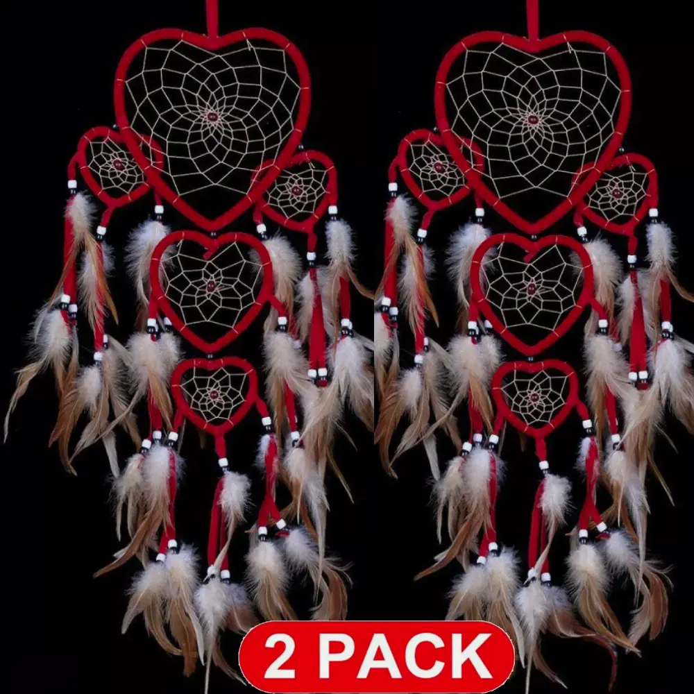 2PCS Dream Catcher with Feathers, Heart Shaped Dream Catcher Indians Traditional Love Net Wall Hanging Bedroom Home Car Decor (Red)
