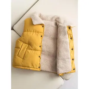 Thick Fleece-lined Lapel Vest Girls Boys, Warm Buttons Front Cane Shoulder Coat Autumn Winter Outdoor