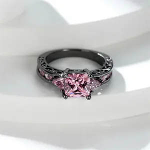 Elegant Pink Crystal Square Stone Rings For Women Vintage Black Metal Wedding Band Engagement Promise Jewelry Mother's Day Gifts
