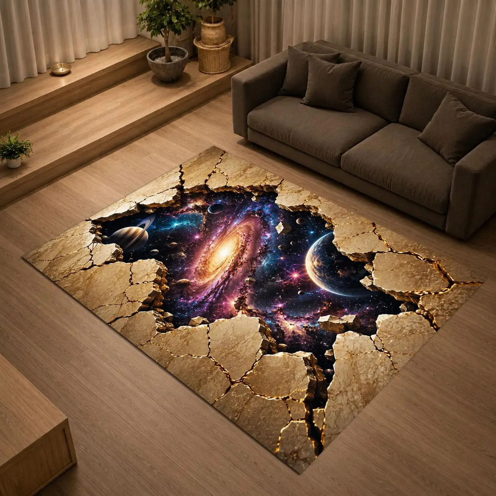 Galaxy Portal Rug, Marble Crack Universe Rug, Cosmic Space Area Rug, 3D Optical Illusion Carpet, Luxury Galaxy Home Decor