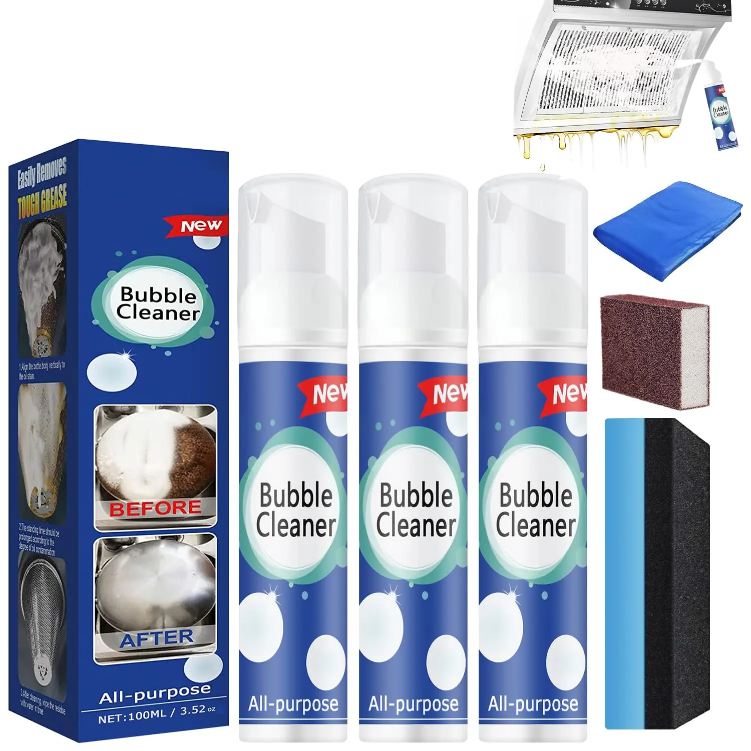 (100ml*3pcs) Bubble Cleaner Foam Foaming Heavy Oil Stain All-purpose Rinse-free Spray Kitchen Deep Cleaning Stubborn Grease & Grime Remover