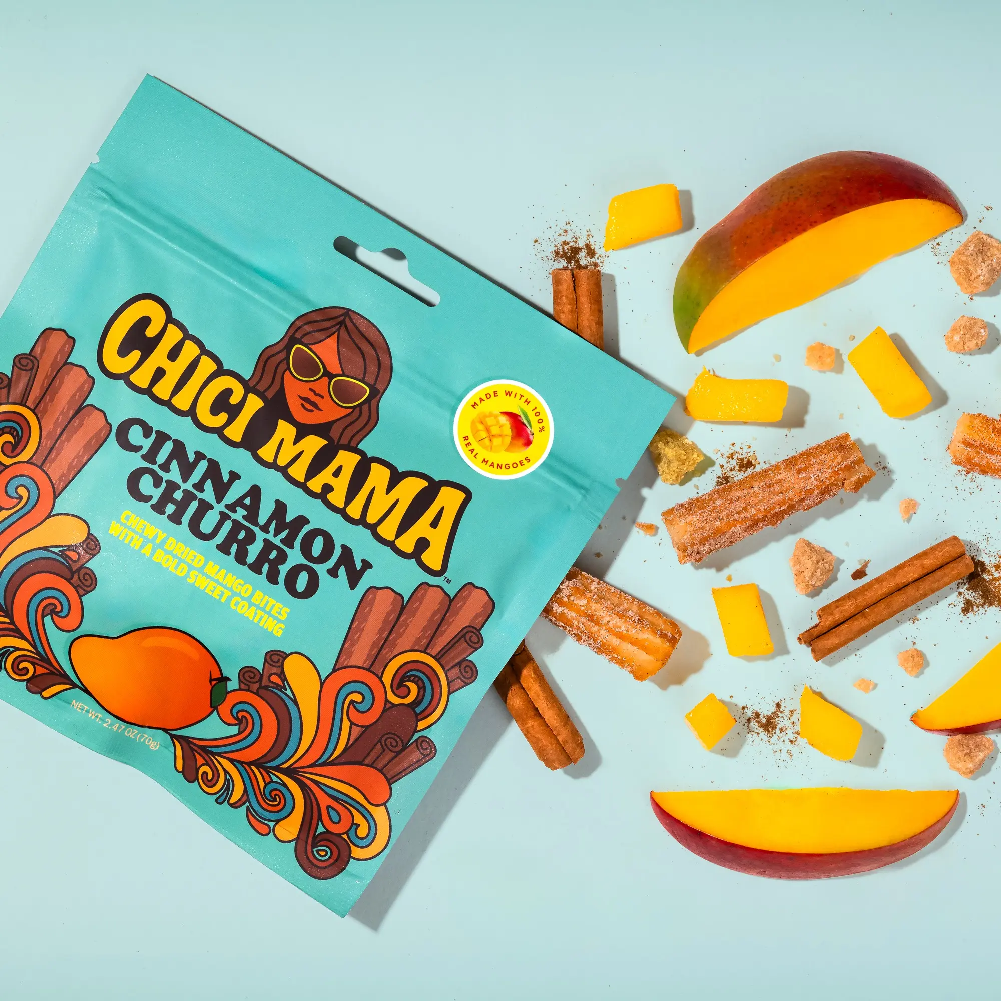 Chici Mama Cinnamon Churro Chewy Dried Mango Bites - 100% Real Mangoes, Crystallized Sweet Cinnamon Coating, Natural Ingredients Snack Foods, Ambient Treat for Dessert Lovers & All Ages