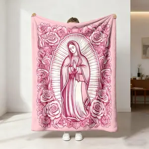 1 piece of religious belief Virgin Mary image rose flower elements flannel blanket is skin-friendly, soft and suitable for office home, suitable for all seasons, sofa blanket, bed blanket