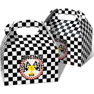 24 PCS Race Car Party Favor Treat Boxes Birthday Party Supplies Black White Checkered Flag Gable Gift Boxes with Handles Goodie Candy Container for Racing Themed Party Decorations