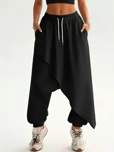 Women's Elastic Drawstring Sporty Hip-Hop Vintage Loose-Fitting Harem Pants with Pockets, Outdoor Streetwear Running Dance Hiking Commuting Casual Long Pants