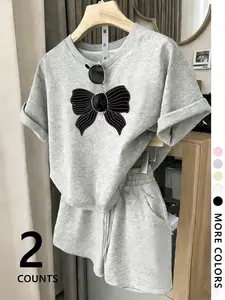 Tiktok Bow Pattern Two-Piece Set Outfit, Y2K Style Loose Round Neck T-Shirt & Shorts, Soft Comfortable Fabric, Fashionable Casual for Lunch, Picnic, Daily Wear Womenswear
