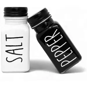 Salt and Pepper Shakers Set, Black and White 2 piece with Stainless Steel Lid, Modern Kitchen Decor, Dining Table Countertop Accessory, Glass and Hand Painted (3 oz)