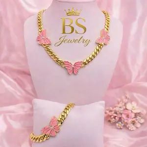 BS Jewelry Gold Chain Necklace & Bracelet Set with Pink Butterfly Charms for Women 18 inch length