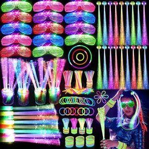 Glow-in-the-Dark Party Supplies-16 Fiber Optic Wands, 14 LED Glasses, 100 Glow Sticks and 18 LED Hair Clips for Neon Party, Wedding, Birthday, Concert, New Year