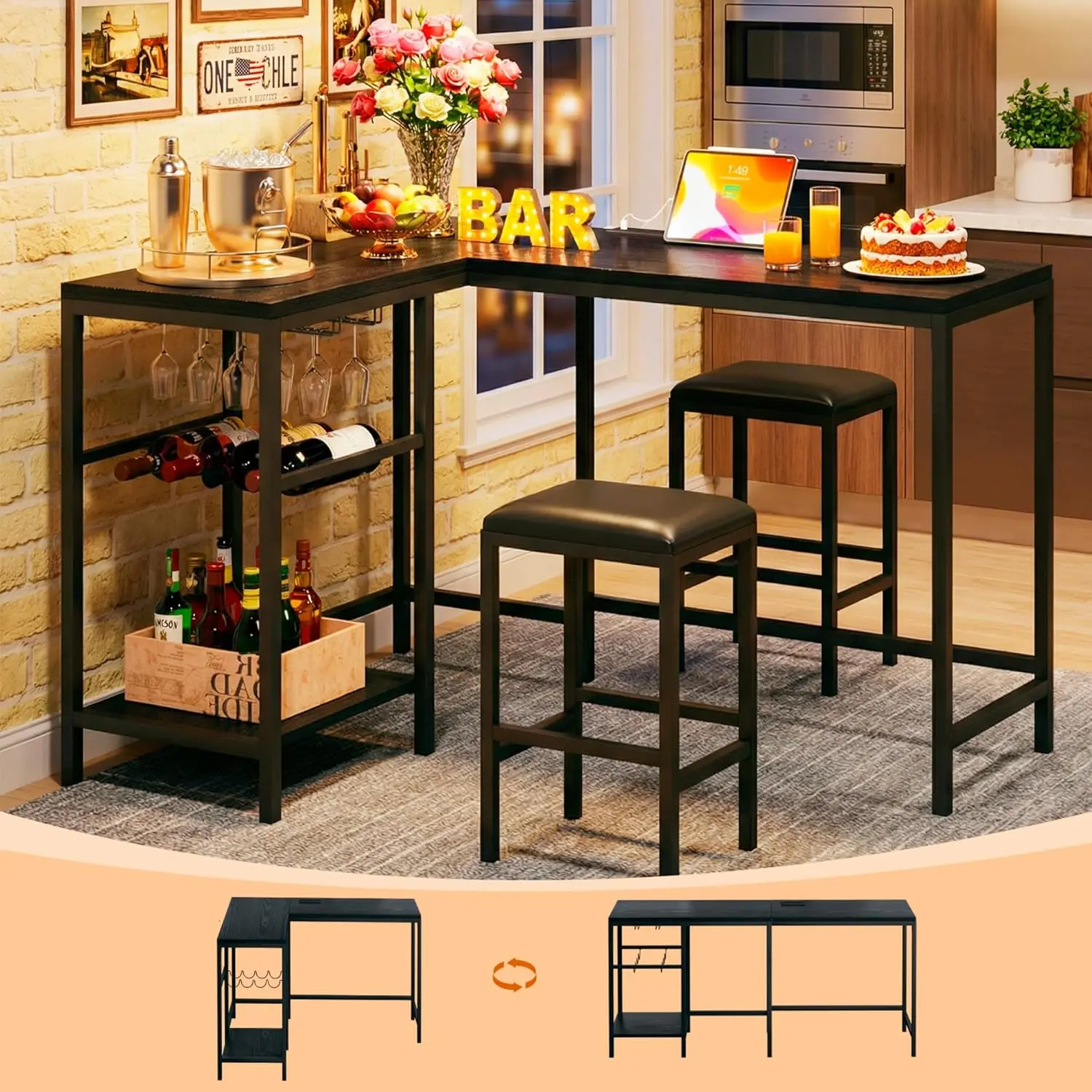 Bar Table and Chairs Set for 2-4, 3-Piece Convertible L-Shaped Dining Set with Storage Shelves & Cup Holder & Wine Rack, 63'' Corner Kitchen Table Set with 2 PU Cushion Stools & Power Outlets, Black