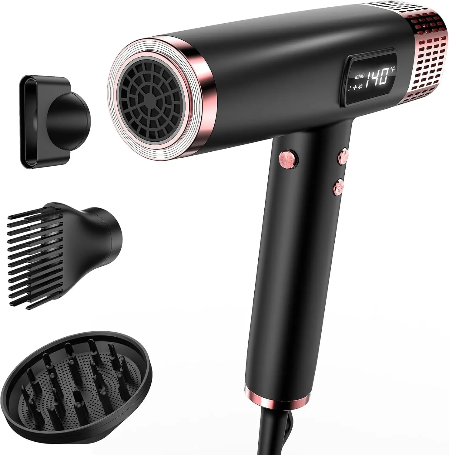 MESCOMB Dual Voltage Portable Hairdryer - 1875W Ionic Powerful Multifunctional Blow Dryer with Diffuser, 3 Speeds, 0.77-lb Low Noise, Magnetic Attachments, Auto 110V-240V Conversion, Fast Drying, Frizz Control, Black, Gift Boxed