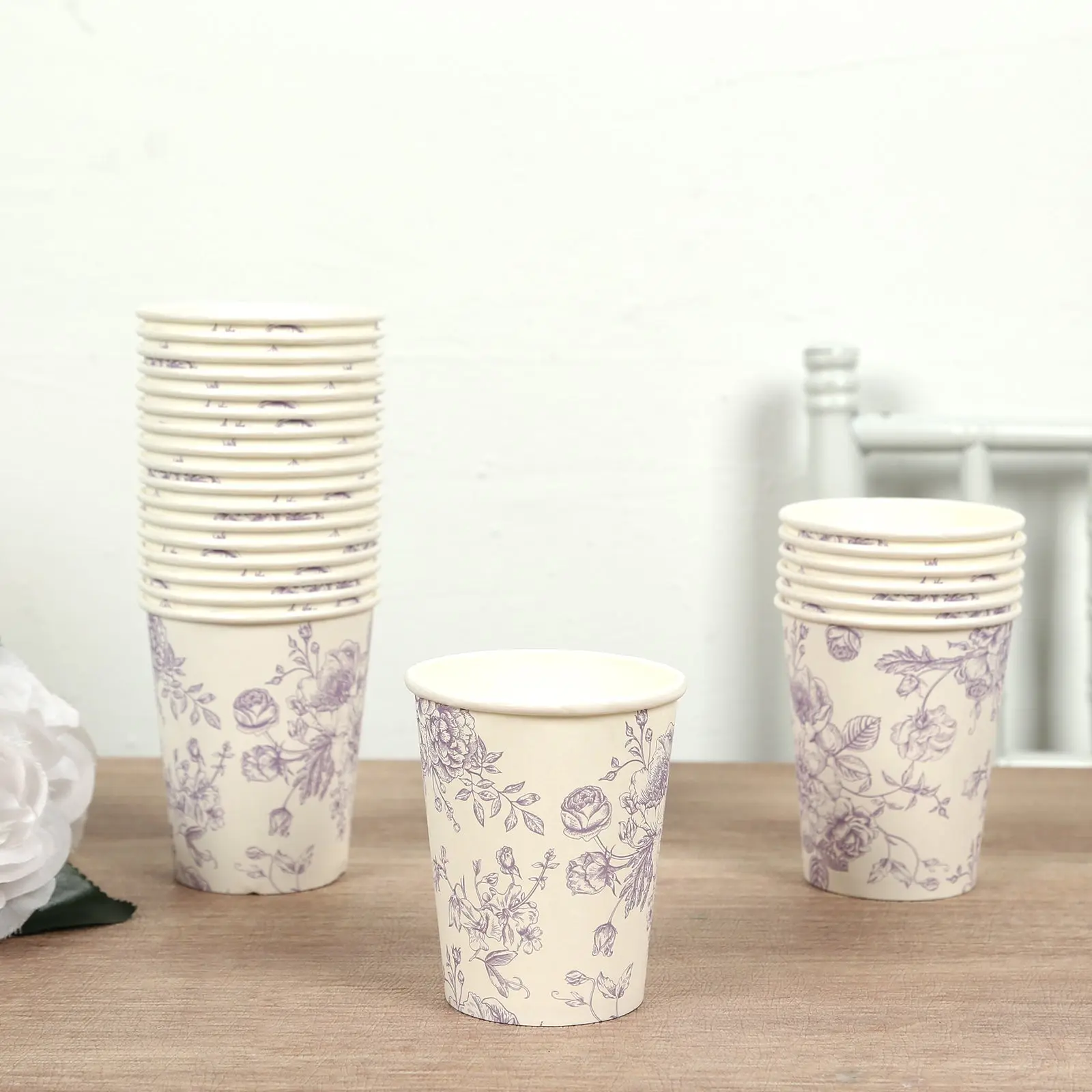 9oz Disposable Paper Cups, 24-Pack White with Lavender Lilac French Toile Flower Print - Stylish Home & Wedding Party Disposable Tableware for All-Purpose Use, Pre-Packed Disposable Cups