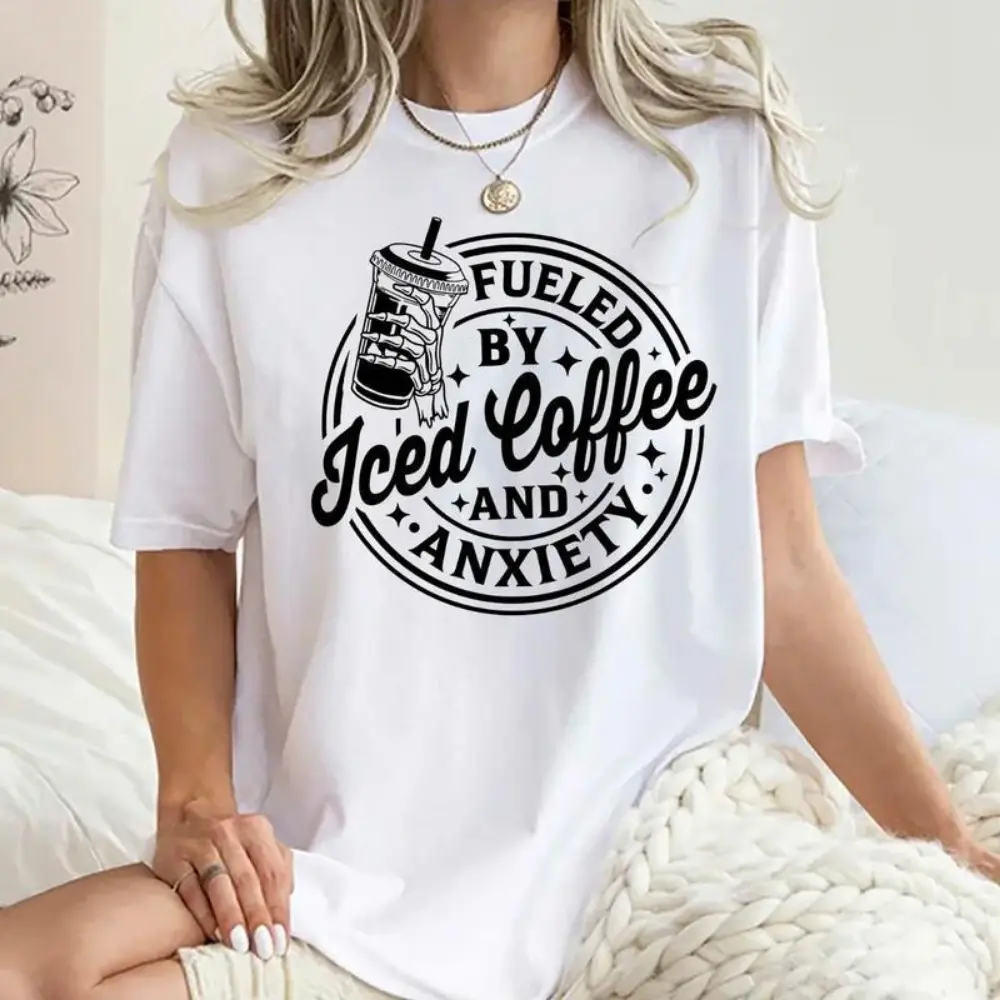 Fueled By Iced Coffee And Anxiety Shirt, Iced Coffee T-shirt, Inspired Caffeine- Powered Tee, Anxiety Graphic Printed Short Sleeve T-shirt