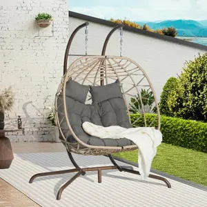[Bellemave]Double Egg Chair with Stand Hanging Indoor Outdoor Wicker Rattan Patio Basket Egg Swing Chair Hammock Egg Chairs with UV Resistant Cushions 600 lbs for Bedroom Balcony Patio