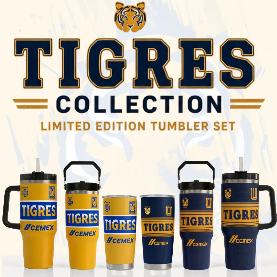 Tigres UANL Inspired Limited Edition Tumbler Set, Stainless Steel Insulated Travel Mug, 20oz 30oz 40oz Fan Gift