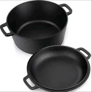 2-in-1 Cast Iron Dutch Oven Pot Set – 6.1QT Deep Pot + 1.9QT Skillet Lid, Pre-Seasoned Heavy Duty Cooker with Silicone Handles, Scraper & Stand – Oven, Stove & BBQ Safe for Camping, Family Cooking & Holiday Meals