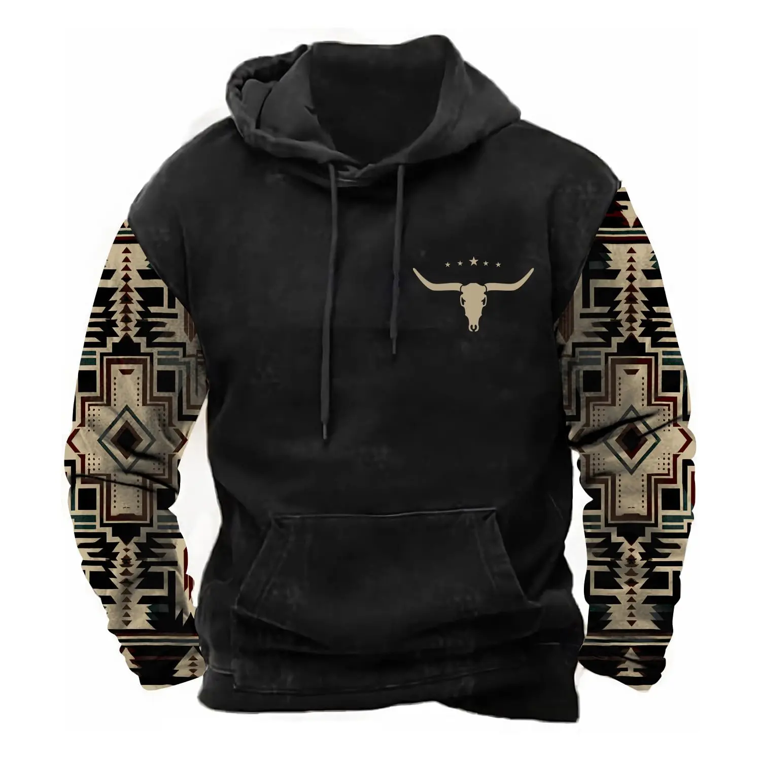 Men's Aztec Hoodie Western Sweatshirt with Pockets Menswear Stylish Tops Casual Graphic Cotton Long Pullover Polyester Outfit Medium Sleeves Tights