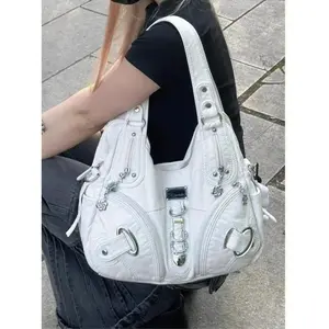 Vintage White Large Capacity Handbag Women High Street Leather Pocket Shoulder Bags Ladies Retro Purse Bagutte Bag