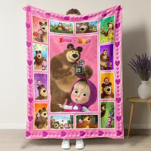 M-Masha And Bear Blanket Lovely Kawaii Soft Flannel Plush Kids Childhood Throw For Bedroom Nursery Decor Gift Best Christmas Halloween Bedding for Children