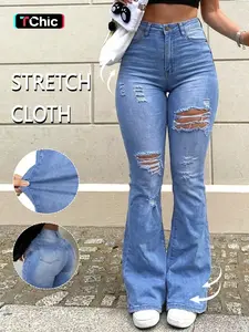 GILIPUR Women's Light Blue High Waist Ripped Flare Jeans, Casual Fashion Jeans, Vintage Distressed Slim Fit High Stretch Bell Bottom Denim Pants, Casual Streetwear Daily & Club Outfits for Women TChic