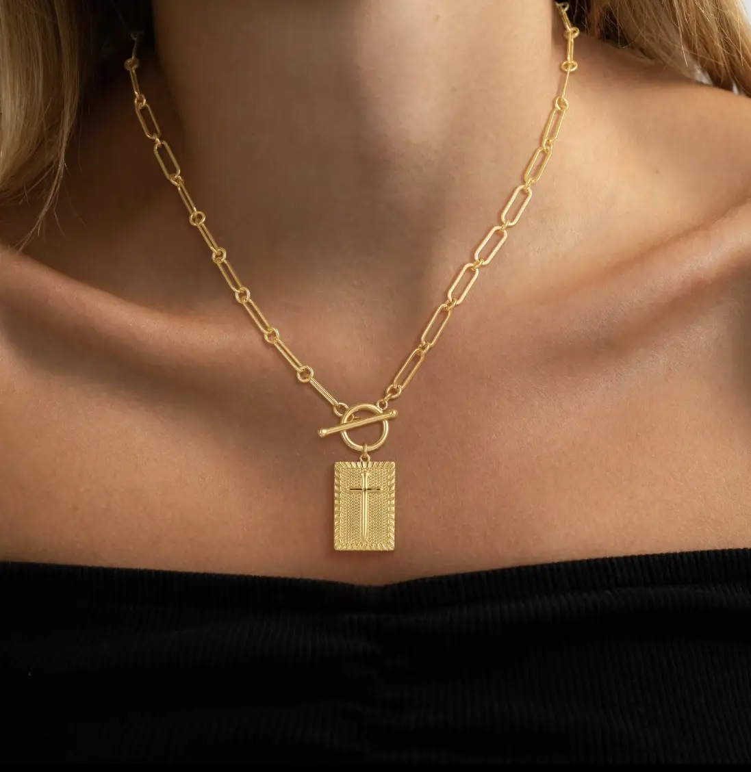 Gold Paperclip Chain Necklace Stainless SteelCross Square Pendant Beach Necklace WomenOT Buckle Faith Necklace daily party gift
