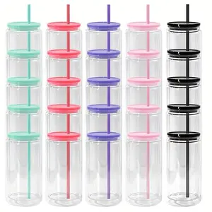 25/50 Pack 16oz Predrilled Double Wall Plastic Snow Globe Cup Blank，with Stopper Clear Double Wall Plastic Snowglobe Tumbler Transparent Soda Coffee Can Shaped Water Cup with Colorful Lids and Straws, Ideal for DIY Snow Globe Glitter, UV DTF