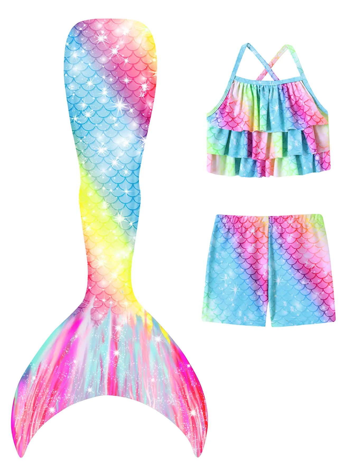 Girls' Mermaid Princess Swimsuit Three Piec Mermaid Tail Girls Swimwear Bikini Three Piece Separate Swimming Suit Fish Scale Patterns Highly Elastic Quick Dry   Bathing suit  costume