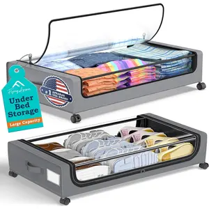 APSARAS USA Underbed with Wheels, Bed Containers with Clear Window, Rolling Drawers & Bins for Shoes Clothes in Dorm Bedroom, Easy Pull-out Black 2-Pack--Saving