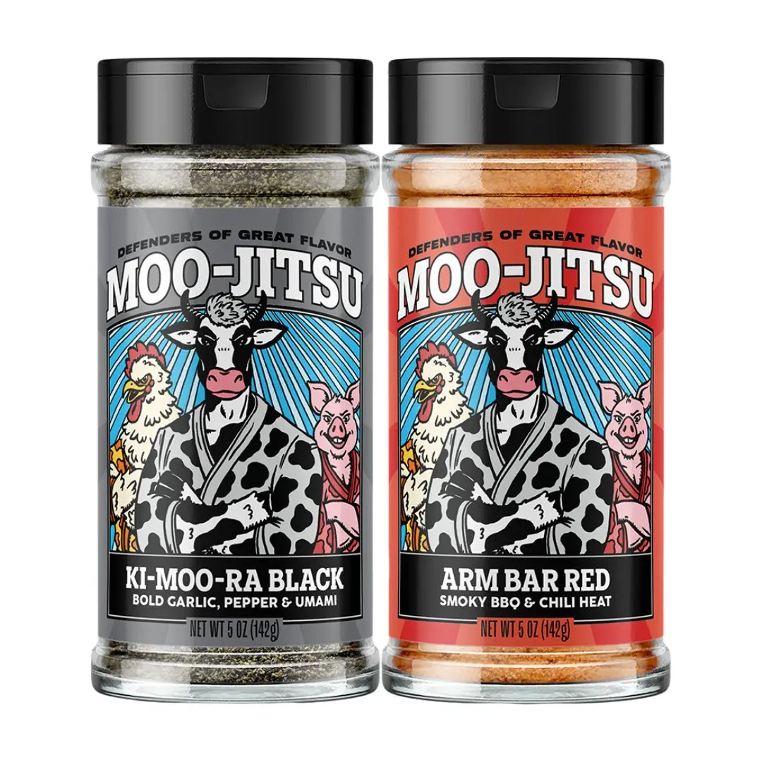 Moo-Jitsu 2 Pack: Ki-Moo-Ra Black & Arm Bar Red - Bold Garlic Pepper Umami & Smoky BBQ Chili Heat Spices