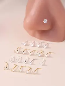 Zircon Decor Nose Studs, L-shaped Nose Rings, Fashion Body Jewelry for Women & Men