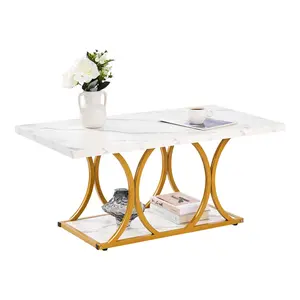 Coffee Table In Modern Faux Marble Finish, 2-Tier Rectangular Center Table With Geometric Metal Legs, Minimalist And Durable Frame, Accent End Table For Living Room And Office, Easy Assembly, White