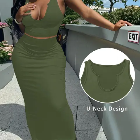 Women's Casual Basic Simple Minimalist Fitted Skirt Sets & Sleeveless Tops Set Outfit, Ladies Half Skirt, Comfortable and Stylish, Perfect for Everyday Wear, Fashionable Women's Clothing, Summer Outfit Set, Two Pieces Sets