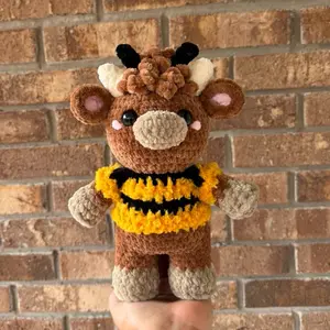 Handmade crochet brown bee highland cow plushie