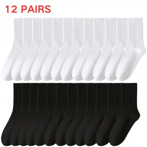 6 Pairs / 12 Pairs Men’s Cotton Crew Socks Calf Above Ankle Work Moisture Wicking Socks for Men Athletic Running Sports Dress Socks Unisex Casual Breathable Multi-Packs White Black Socks 6 Pack / 12 Pack for Boot Hiking Business Size 5-10