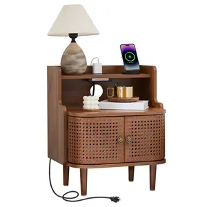Giratree Metal Rattan End Table with Charging Station, Mid Century Modern Nightstand with 2 Doors, Bed Side Table with Storage for Couch,Living Room,Small Spaces, Sofa Side Table for Office,Dorm