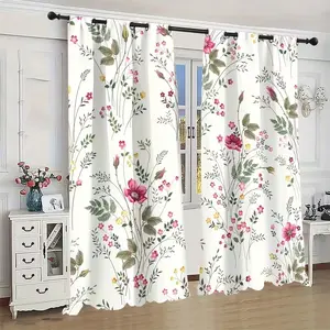 Spring Floral Plant Flower Digital Print Living Room Curtains, Window Curtain, 2 Piece Set, Elegant Minimalist Style, 12 Pieces Furniture Decor