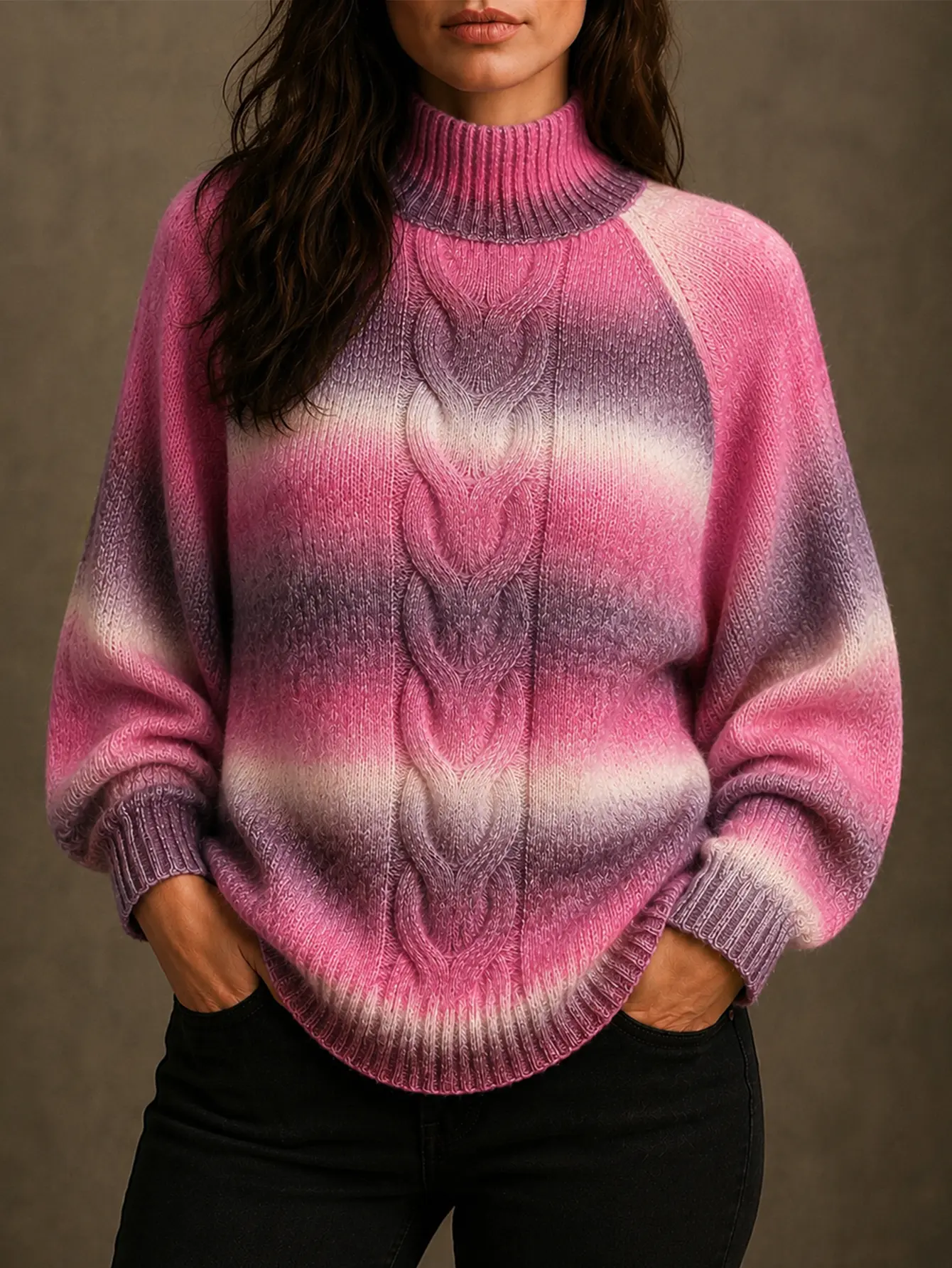Women's Chunky Knit Oversized Turtleneck Sweater - Pink Gradient Cable Knit Casual Pullover Top, 1-Piece Knitwear in S, M, L, XL Sizes