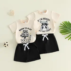 2Pcs Toddler Boy Summer Outfits Short Sleeve Crew Neck Cute Raccoon Print Tops and Elastic Waist Shorts Set