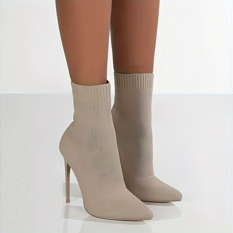 Casual Mid-Calf 1pr Sock Boots - Solid Color Slip-On Pointed Toe Stiletto Heels with Knitted Fabric Upper, Inner & Sole, Flannel Insole - All-Season Stretchy Knit Ankle Booties Open Toe Thick Soled Knitted Sandals Women's Comfortable Footbed Sandals