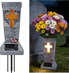 Solar Cemetery Vase for Grave Decor - Waterproof Memorial Flower Holder with LED Cross Light - Sympathy Gifts for Loss of Loved One, Cemetery Decorations for Fresh or Artificial Flowers