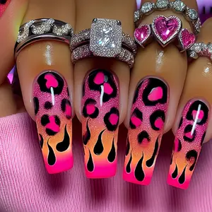 Removable Nail Art Tips Glitter French Manicure, 24pcs High-End Long Square Leopard Print Sparkle Nails