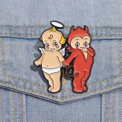 Cute Couple Design Brooch, Fashion Alloy Badge for Clothes, Creative Cartoon Angel & Devil Design Brooch, Fashion Accessories for Women & Men, Valentine's Day, Gift, Alloy Brooch Pin