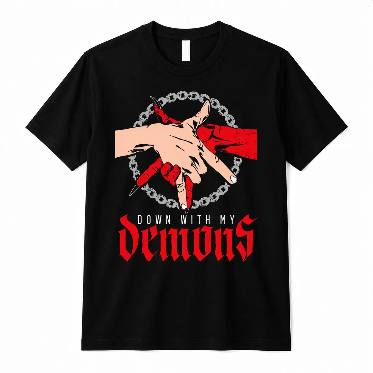 Men'S 'With My Demons' Pattern T-Shirt - Black Short Sleeve T-Shirt with Bold Red And White Gothic Humor Print, Casual Crew Neck, Suitable for Parties, Birthdays, And Casual Outfits, Casual T-Shirt| Bold Print Shirt Breathable Chinos