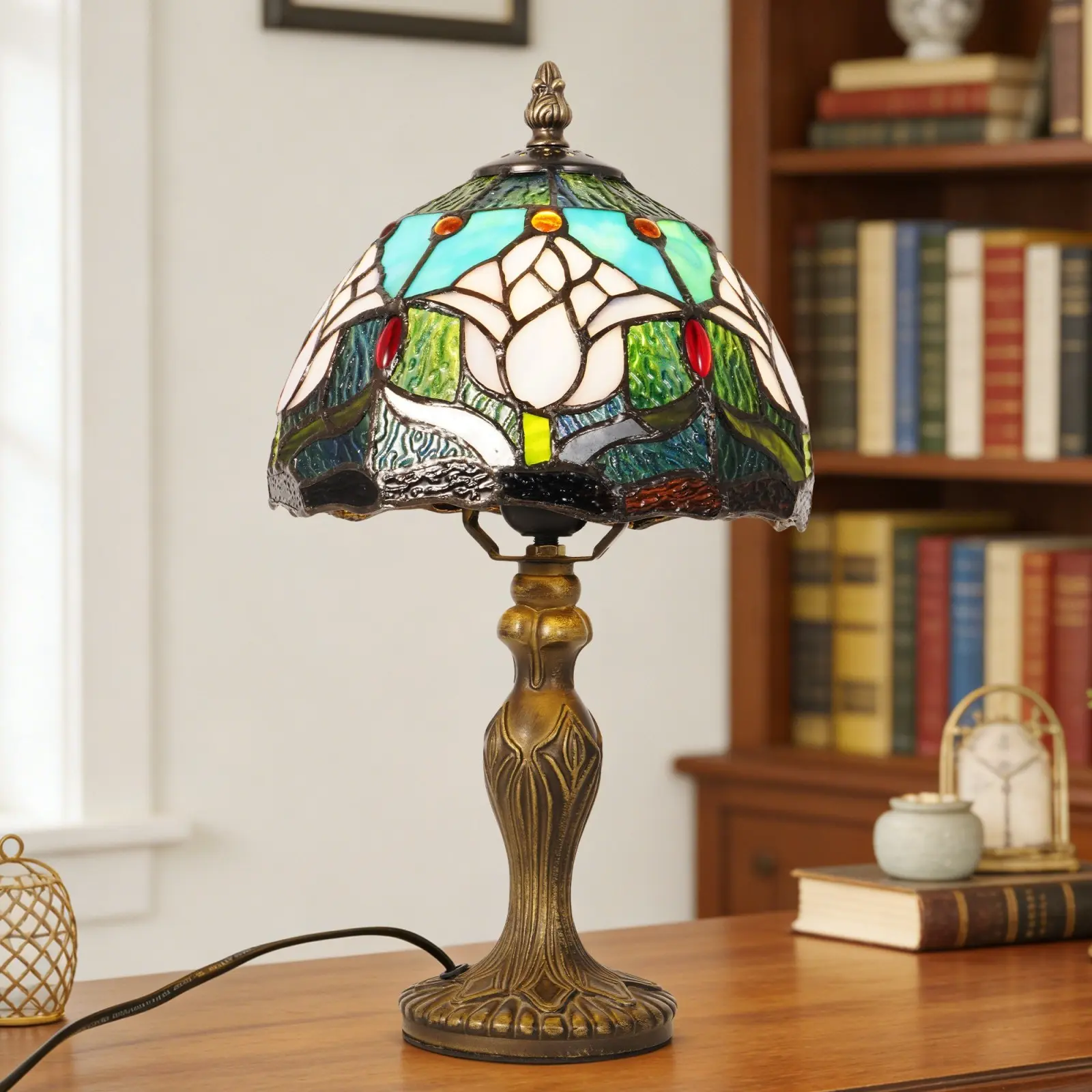 7.9 Inch Vintage Tulip Tiffany Stained Glass Table Lamp, E26 Warm Hardwired Button Switch Antique Bronze Resin Base Desk Lamp for Bedroom Study Library Decor