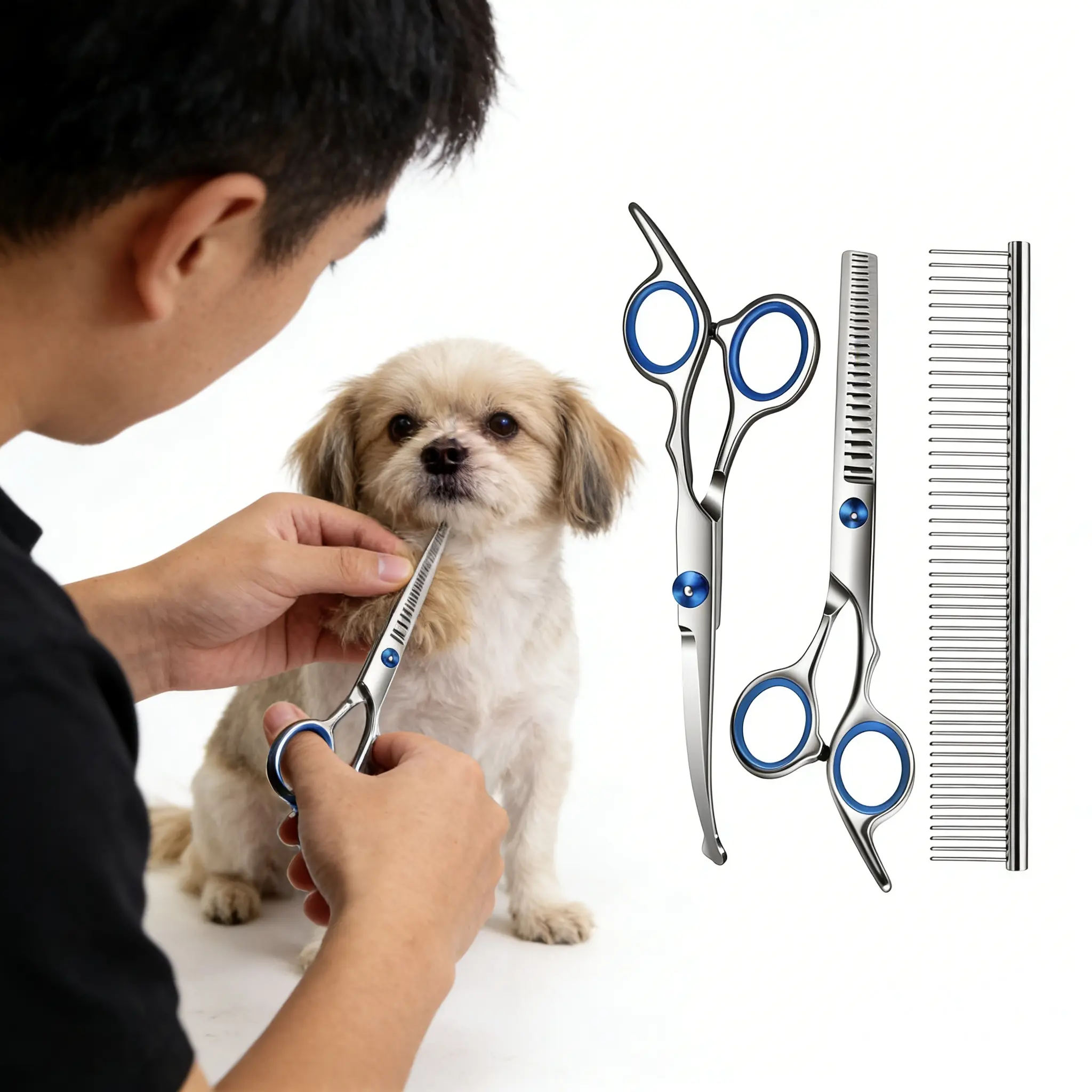 Oillase 3 Pack Premium  Grooming Scissors for Dogs & Cats, Safe Round Tips, Stainless Steel Thinning Shears, Easy & Comfortable to Use
