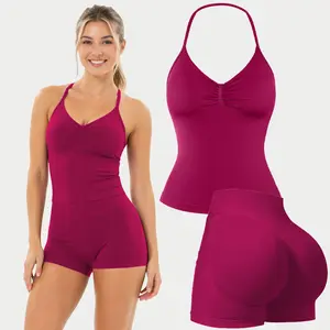 DEEFY Two-Piece Suit Impact Longline Strappy Top Impact Shorts Sports Yoga Impact Gymwear Tanks Seamless Shorts