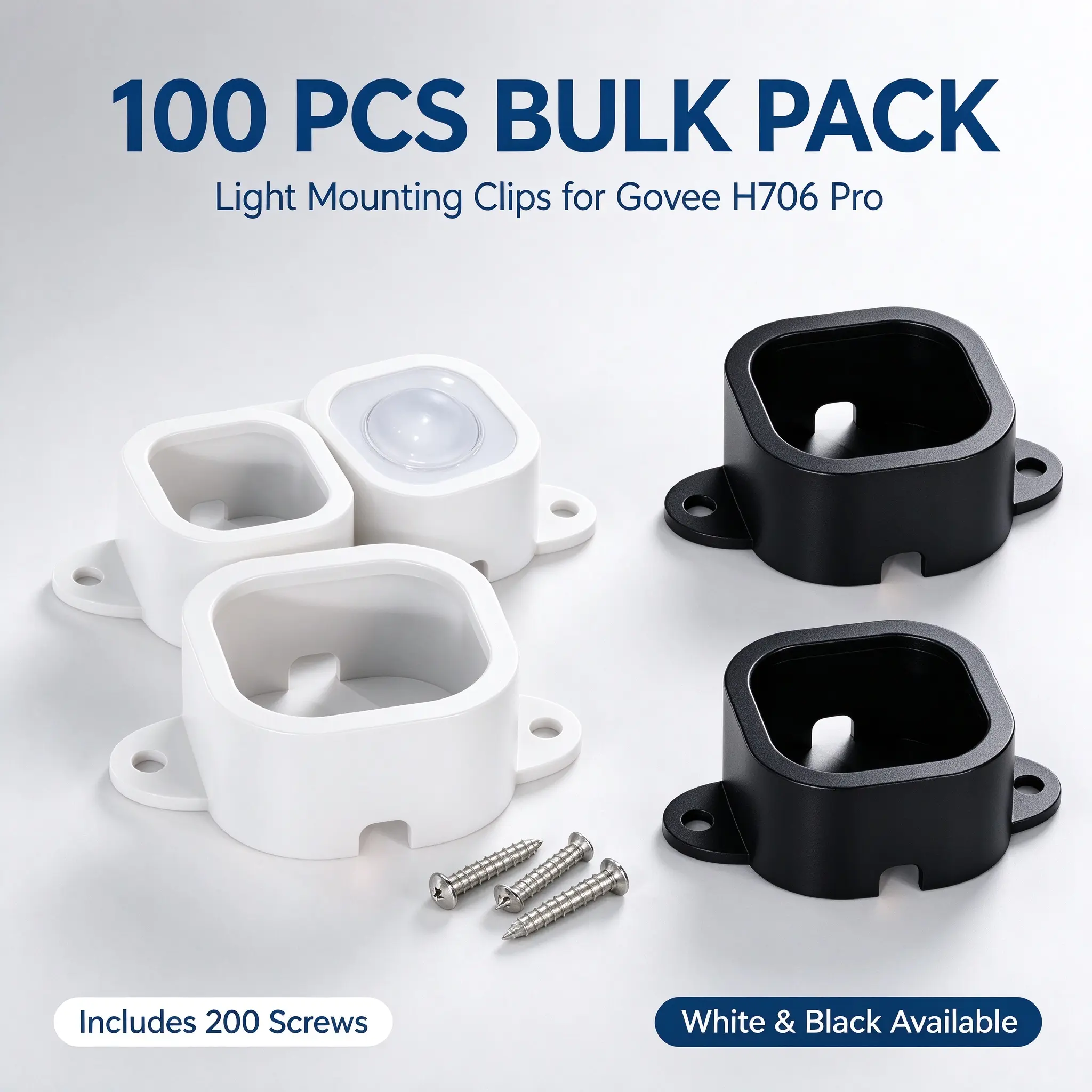 100 PCS Light Clips for Govee H706 Pro Permanent Outdoor Lights, Screw Mounting Brackets with 200 Screws, Secure Flush Mount Holders for Eaves Soffit Siding, Weatherproof, White & Black Available